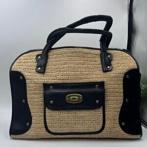 Michael Kors Vintage Leather and Wicker Braided Straw Woven Shoulder Bag